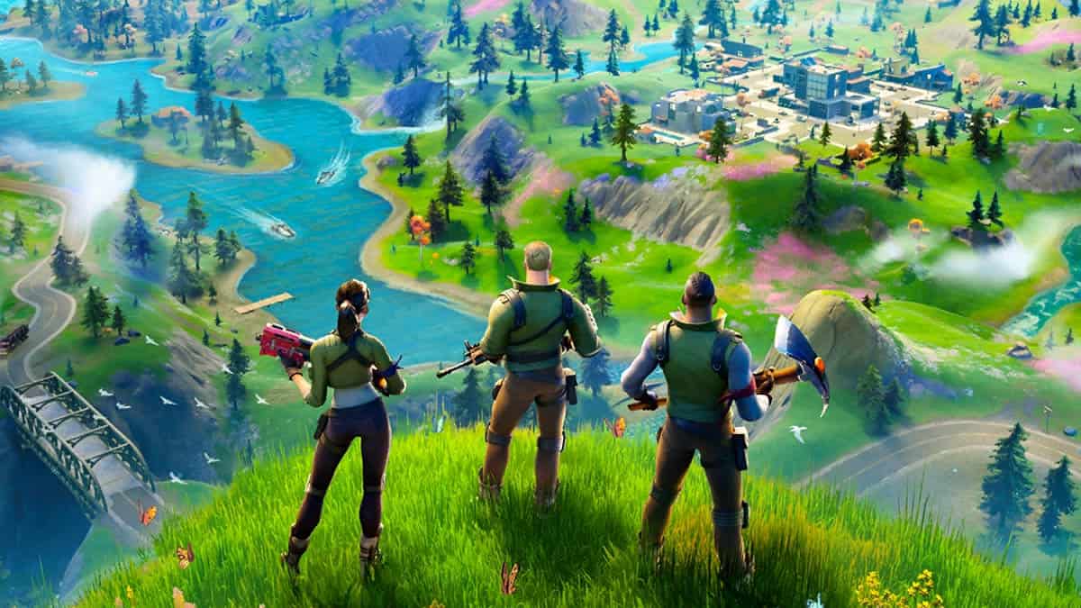 fortnite characters standing over chapter 2 island
